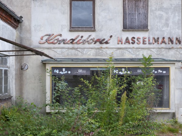 View of an overgrown shop window of an abandoned bakery, Barrien, Syke, Diepholz, Lower Saxony