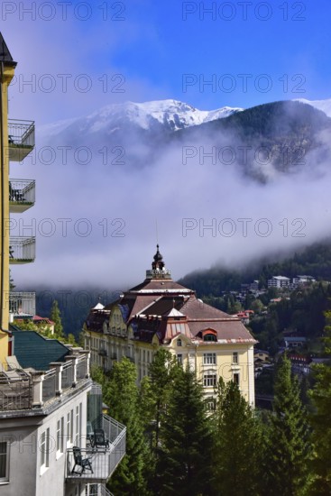 View over the village of Bad Gastein towards the snow-covered Ankogel group in the province of Salzburg, Austria