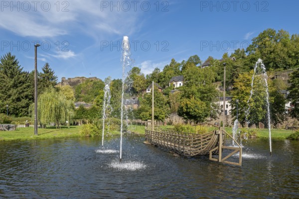 Rompré city park and ruined medieval castle in the town La Roche-en-Ardenne in summer, province of Luxembourg, Ardennes, Wallonia, Belgium