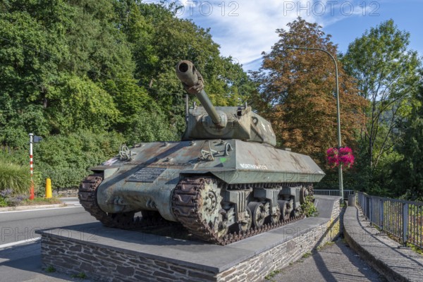 WW2 Achilles M10, British tank destroyer in the town La Roche-en-Ardenne in summer, province of Luxembourg, Ardennes, Wallonia, Belgium