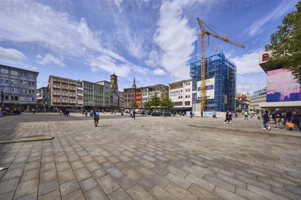 Square, general architecture, pavement slabs, construction site, scaffolding, crane, pedestrians as accessories, blue sky, cumulus clouds, market square, Stuttgart, state capital, city district of Stuttgart, Baden-Württemberg, Germany