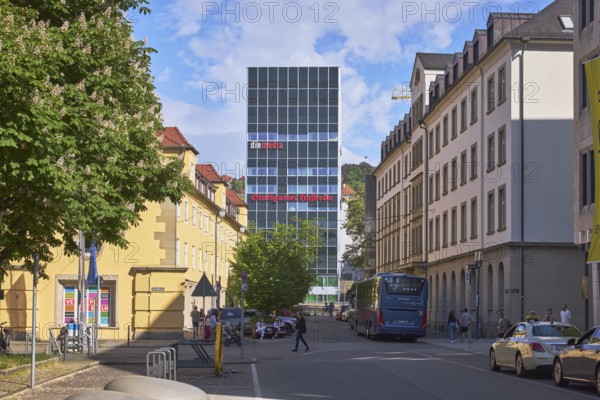 Modern architecture, high-rise building, apartment blocks, residential building, trees, horse chestnut (Aesculus hippocastanum), streets, blue sky, cumulus clouds, Dorotheenstraße, Karlsplatz, Goerdelerstraße, Karlstraße, Stuttgart, state capital, city district of Stuttgart, Baden-Württemberg, Germany