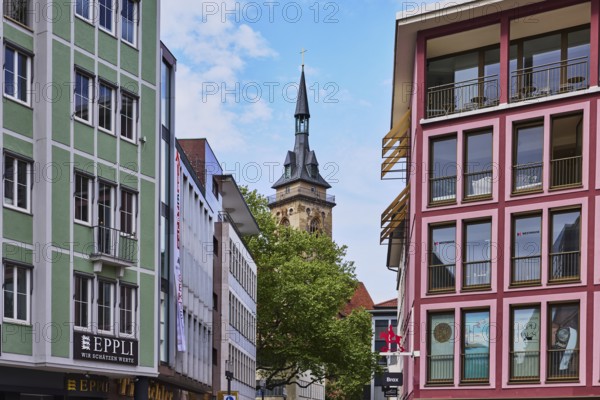 Church tower of the collegiate church Stuttgart, city centre, general architecture, trees, blue sky, cumulus clouds, Kirchstraße, Stuttgart, state capital, city district Stuttgart, Baden-Württemberg, Germany