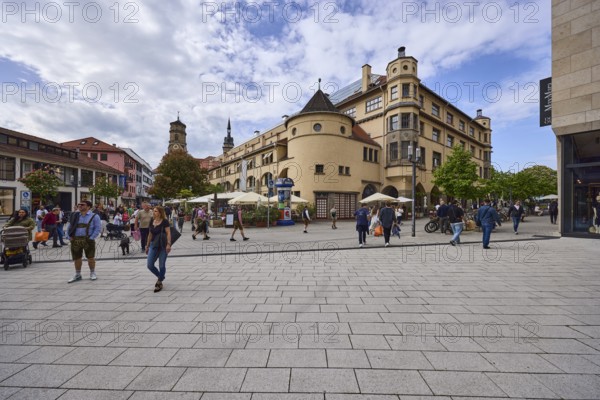 Market hall, historic building, architect Martin Elsaesser, shopping, pedestrian zone, pavement slabs, pedestrians as accessories, blue sky, cumulus clouds, diffuse light, slightly sunny, intersection of Münzstraße and Sporerstraße, Stuttgart, state capital, city district of Stuttgart, Baden-Württemberg, Germany