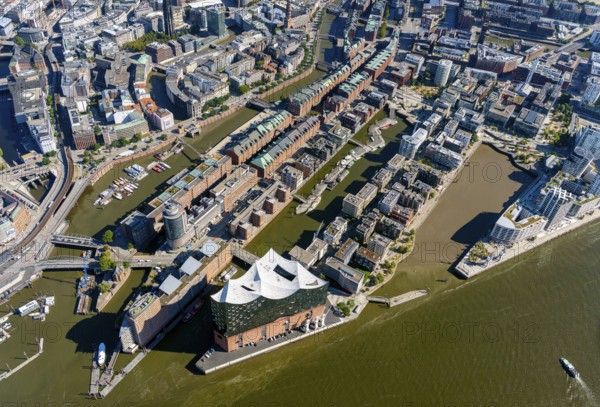 Europe, Germany, Hamburg, aerial view, from, above, water, sunny, Speicherstadt, Hafencity, Elbe, upwind aerial photos, Philharmonie, Elbphilharmonie, house, new building, harbour, harbour area, city, development, urban planning, city, big city, construction, aerial photo