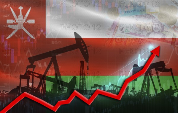 Oil production with Oman flag, petrol industry. Oil pumps with Omani flag