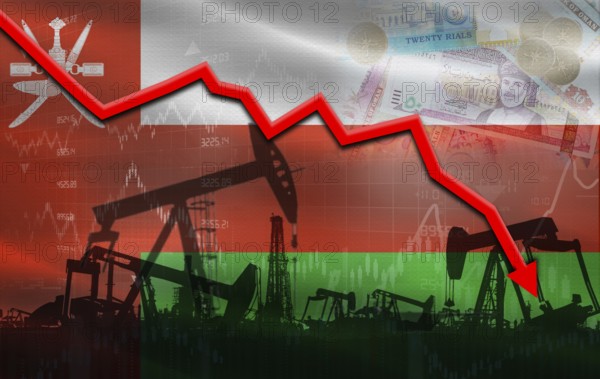Petrol crisis with Oman flag on financial graph. Fall oil price with flag of Oman on economic chart
