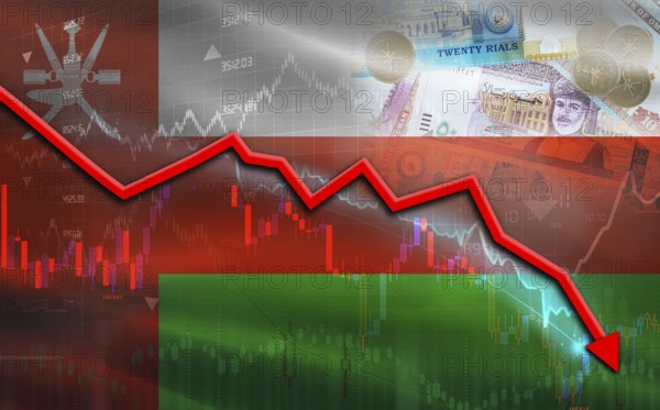 Oman financial fall on economy market. Oman financial crisis on economic graph