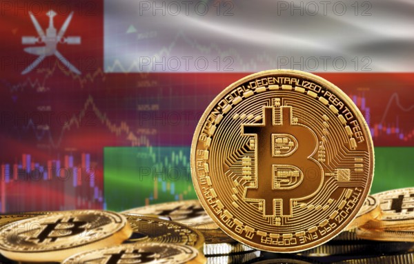Investors in cryptocurrency and Blockchain Technology in Oman, Concept. Bitcoin with Oman flag in the background
