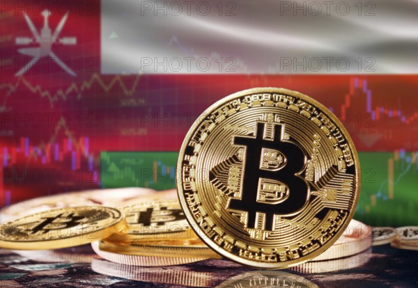 Bitcoin with Oman flag in the background. Investors in cryptocurrency and Blockchain Technology in Oman, Concept