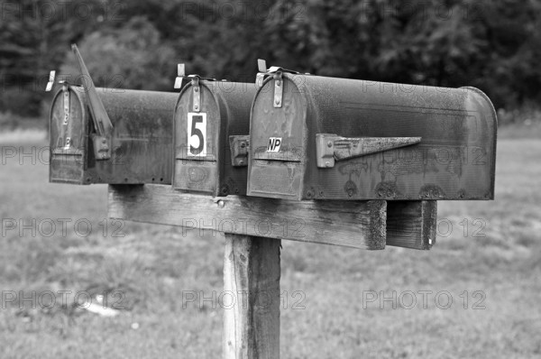 Rusty, private mailboxes on a country road, black and white, Walpack, New Jersey, USA