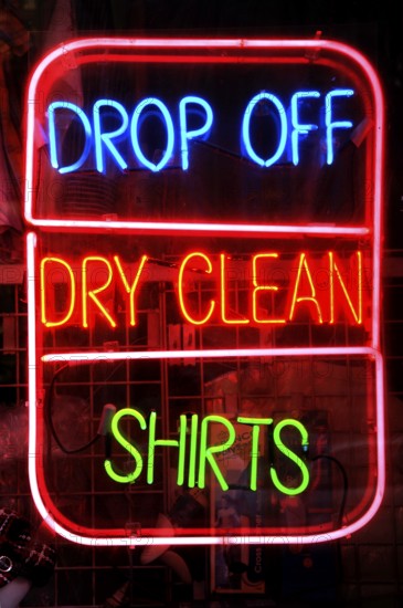 Illuminated advertising for a laundry, New York City, USA