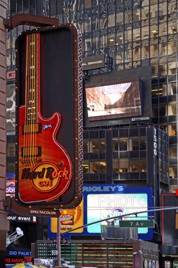 Illuminated advertising for the Hard Rock Café in Manhattan, New York City, USA