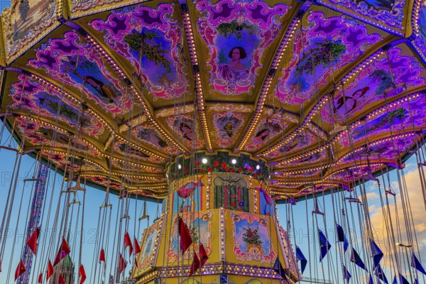 Illuminated chain carousel, Festwiese, Theresienwiese, Oktoberfest, Munich, Upper Bavaria, Bavaria, Germany