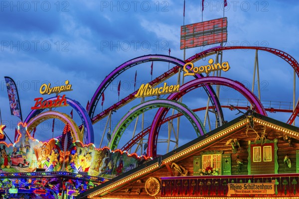 Oktoberfest attraction Olympia Fünfer Looping, Alpina Schützenhaus, Festwiese, Theresienwiese, Oktoberfest, Munich, Upper Bavaria, Bavaria, Germany
