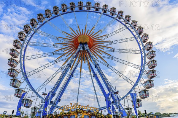 Ferris wheel in front of a white-blue sky, Festwiese, Theresienwiese, Oktoberfest, Munich, Upper Bavaria, Bavaria, Germany