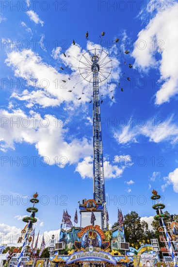 Ride Bayern Tower in front of a white-blue sky, Festwiese, Theresienwiese, Oktoberfest, Munich, Upper Bavaria, Bavaria, Germany