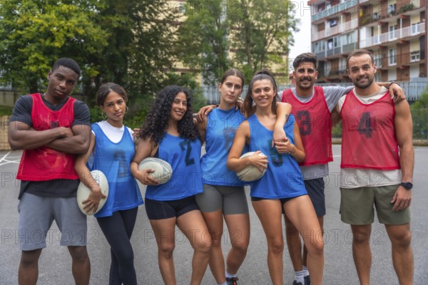 Multi ethnic rugby team posing together with their arms around each other's shoulders, holding rugby balls, before a game outdoors on an urban field
