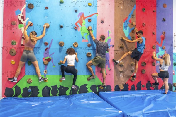 Five athletes climbing a bouldering wall in a gym, focusing on their training and exercising together to enhance their climbing skills while enjoying a fun and active experience