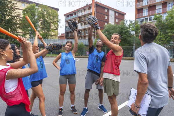 Multi ethnic baseball team celebrating with their coach after a successful training session, raising their gloves and bats in the air with smiles on their faces