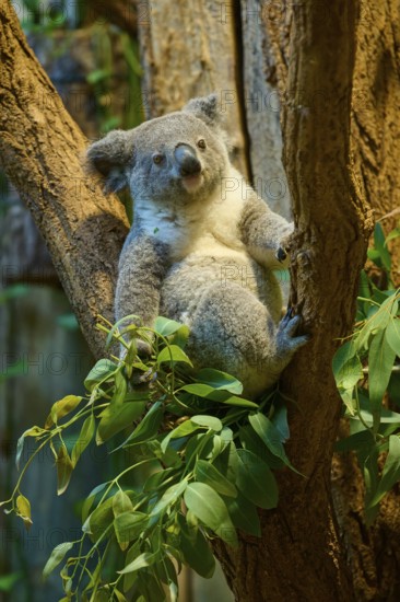 A koala sits relaxed on a tree surrounded by eucalyptus, koala (Phascolarctos cinereus), lives in Australia, captive, Germany