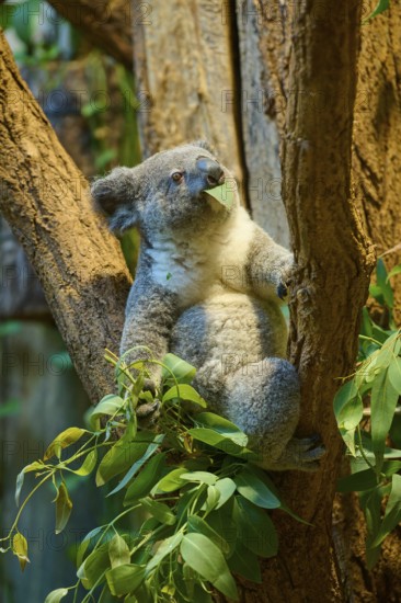 A koala eating eucalyptus on a tree, koala (Phascolarctos cinereus), lives in Australia, captive, Germany