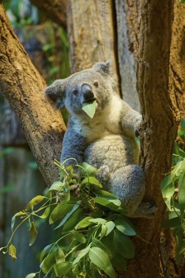 A koala with a leaf in its mouth sitting on a tree, koala (Phascolarctos cinereus), lives in Australia, captive, Germany