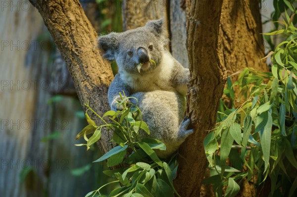 A koala sits on a tree and has eucalyptus in its mouth, koala (Phascolarctos cinereus), lives in Australia, captive, Germany