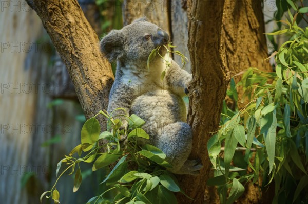 A koala sits comfortably on a tree and enjoys eucalyptus leaves, koala (Phascolarctos cinereus), lives in Australia, captive, Germany