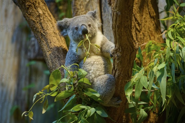 A koala climbing a tree, with eucalyptus leaves in its mouth, koala (Phascolarctos cinereus), lives in Australia, captive, Germany