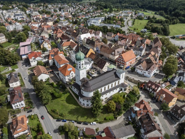 Aerial view of the town of Stockach with the church of St. Oswald in the upper town, historic town centre, Hegau, district of Constance, Baden-Württemberg, Germany