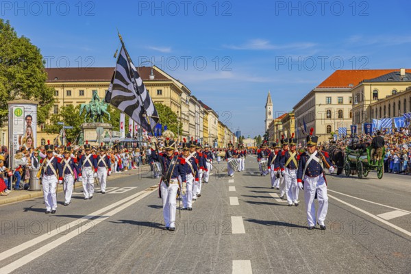Basler Mittwochgesellschaft in historical uniforms from Switzerland, Trachten- und Schützenzug, Oktoberfest, Munich, Upper Bavaria, Bavaria, Germany