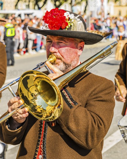 Trumpeters of the Bundesmusikkapelle Söll, from Söll in Tyrol, Trachten- und Schützenzug, Oktoberfest, Munich, Upper Bavaria, Bavaria, Germany