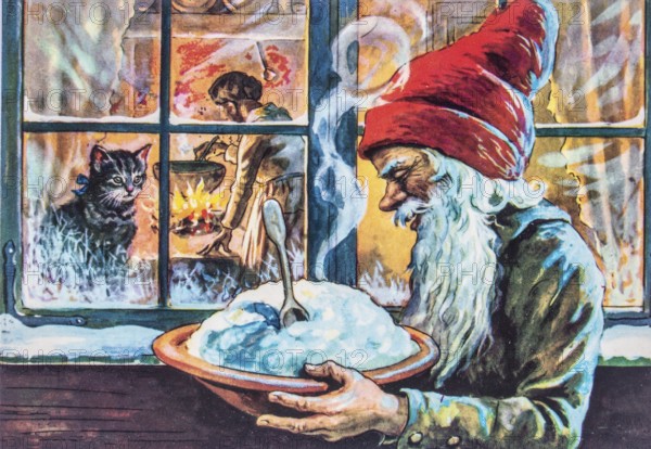 Old Christmas greeting card. Santa Claus stands outside a window with a bowl of porridge. A cat looks on from inside
