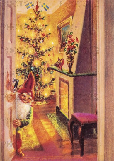 Old Christmas greeting card. A smiling Santa opens the door and invites you into a room with a Christmas tree
