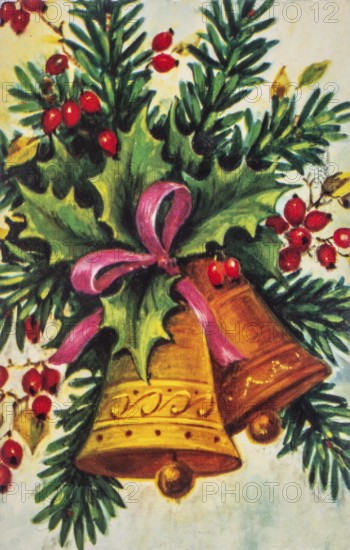 Old Christmas greeting card. Two bells tied together with green leaves and fir twigs