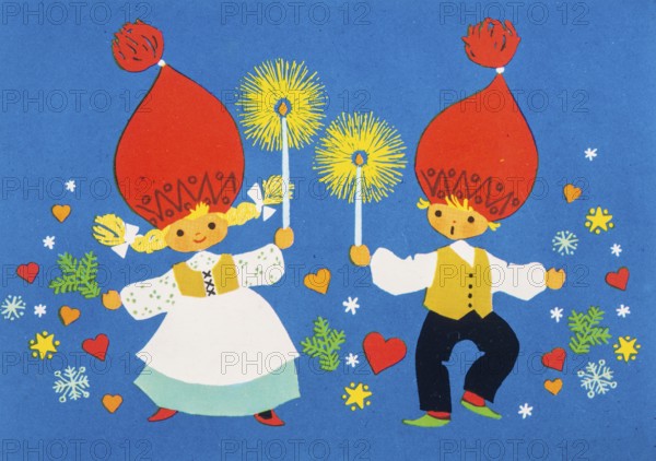 Old Christmas greeting card. Cartoon children with candles and red hats