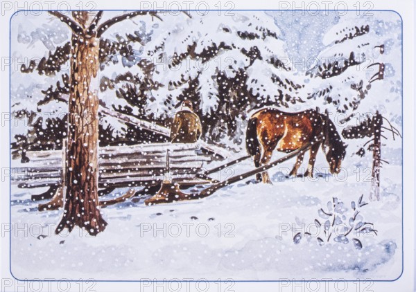 Old Christmas greeting card. Horse with log sleigh in wintry forest