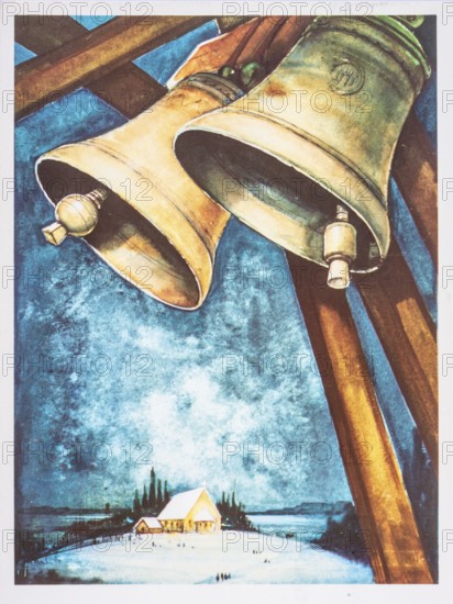 Old Christmas greeting card. Bells over wintry landscape