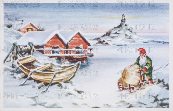 Old Christmas greeting card. Santa with sack on sleigh in wintry landscape on the coast