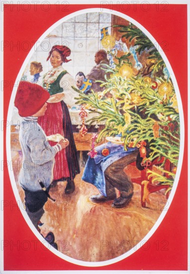 Old Christmas greeting card. Christmas in a Swedish home. Painting by Carl Larsson