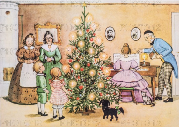 Old Christmas greeting card. Christmas in a Swedish home in the 19th century. Painting by Elsa Beskow