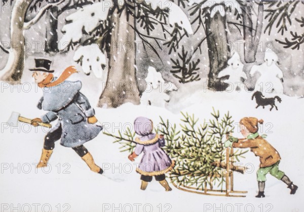 Old Christmas greeting card. A man and two children in the forest with a freshly cut fir tree on a sled on their way home through the snow. Painting By Elsa Beskow