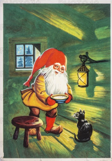 Old Christmas greeting card. Santa Claus gives the cat a bowl of milk