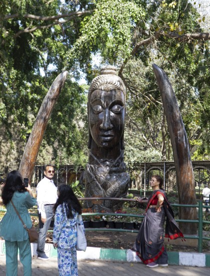 Buddha statue made from the wood of a 200-year-old Nilgiri tree in the Lalbagh Botanical Gardens, Begaluru or Bangalore, Karnataka, India