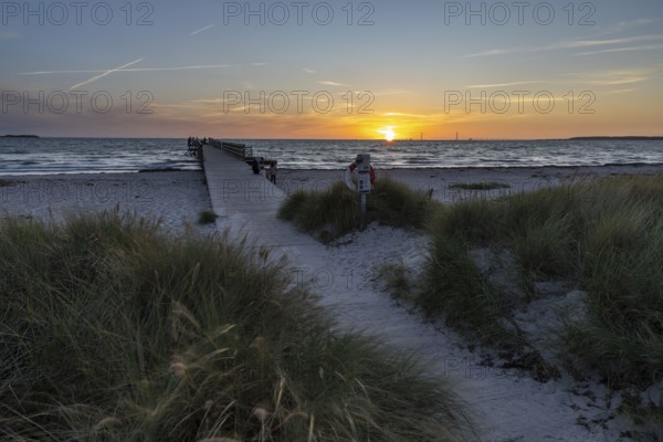 Sunset sky over the sea, wooden walkway and lifebuoy, framed by beach grass and calm water, Kobaek Strand, Sjaelland, Denmark