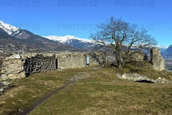 Remains of the walls and ruins of Montorge Castle, Sion, Valais, Switzerland
