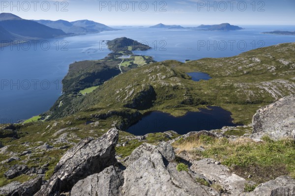 Extensive coastal landscape with mountains, lakes and fjord, Otroya or Otrøya island, Møre og Romsdal, Norway