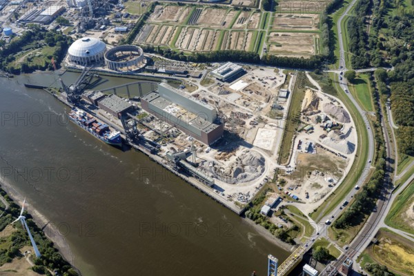 Germany, Hamburg, Moorburg, Süderelbe, power plant, new construction, construction site, planning, electricity, production, economy, technology, building, ground, industry, industrial plant, industrial site, industrial location, energy, energy supplier, power generator, site, plant, plant site, aerial view, aerial view, aerial view, aerial view, aerial photograph, aerial view, bird's eye view, hydrogen, green, electrolyser