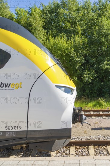 Front view of a train on the tracks, surrounded by green vegetation, battery Electric train with green electricity, Siemens Mireo Plus B, Freudenstadt, Germany